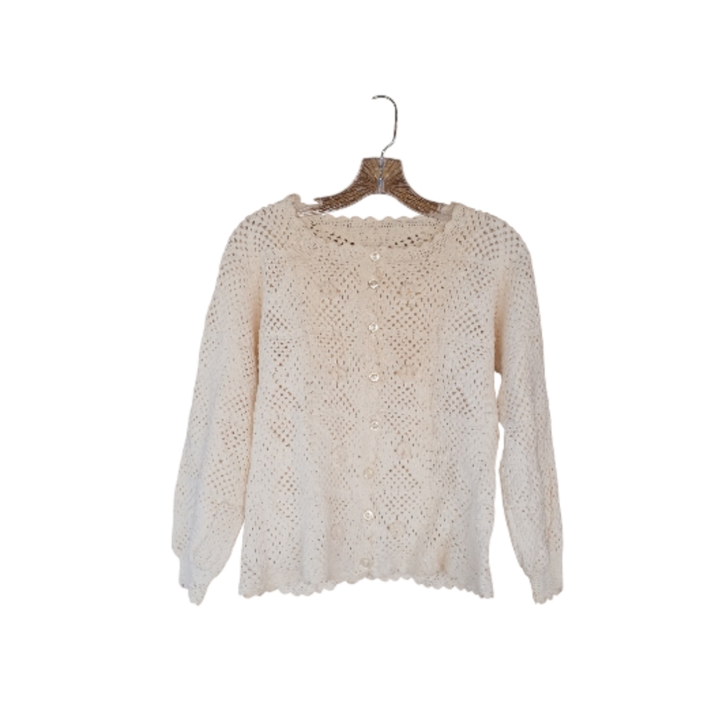 Hand Knit Cream Crew Neck Cotton Cardigan Size Small